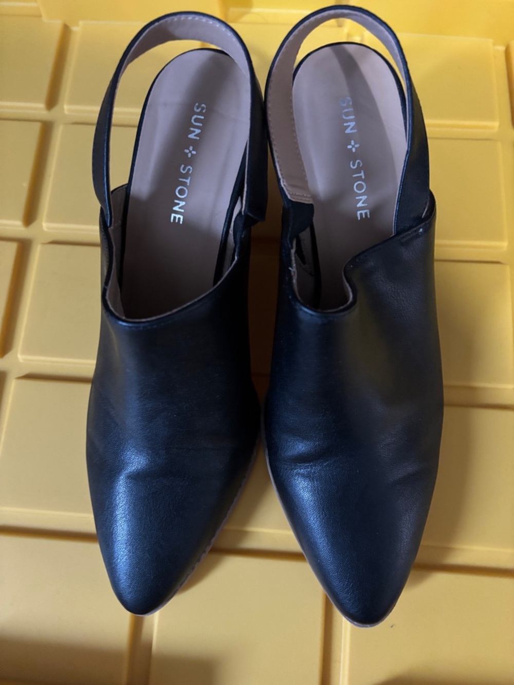 Sun + Stone Black Leather Pointed-Toe Slingback Mules